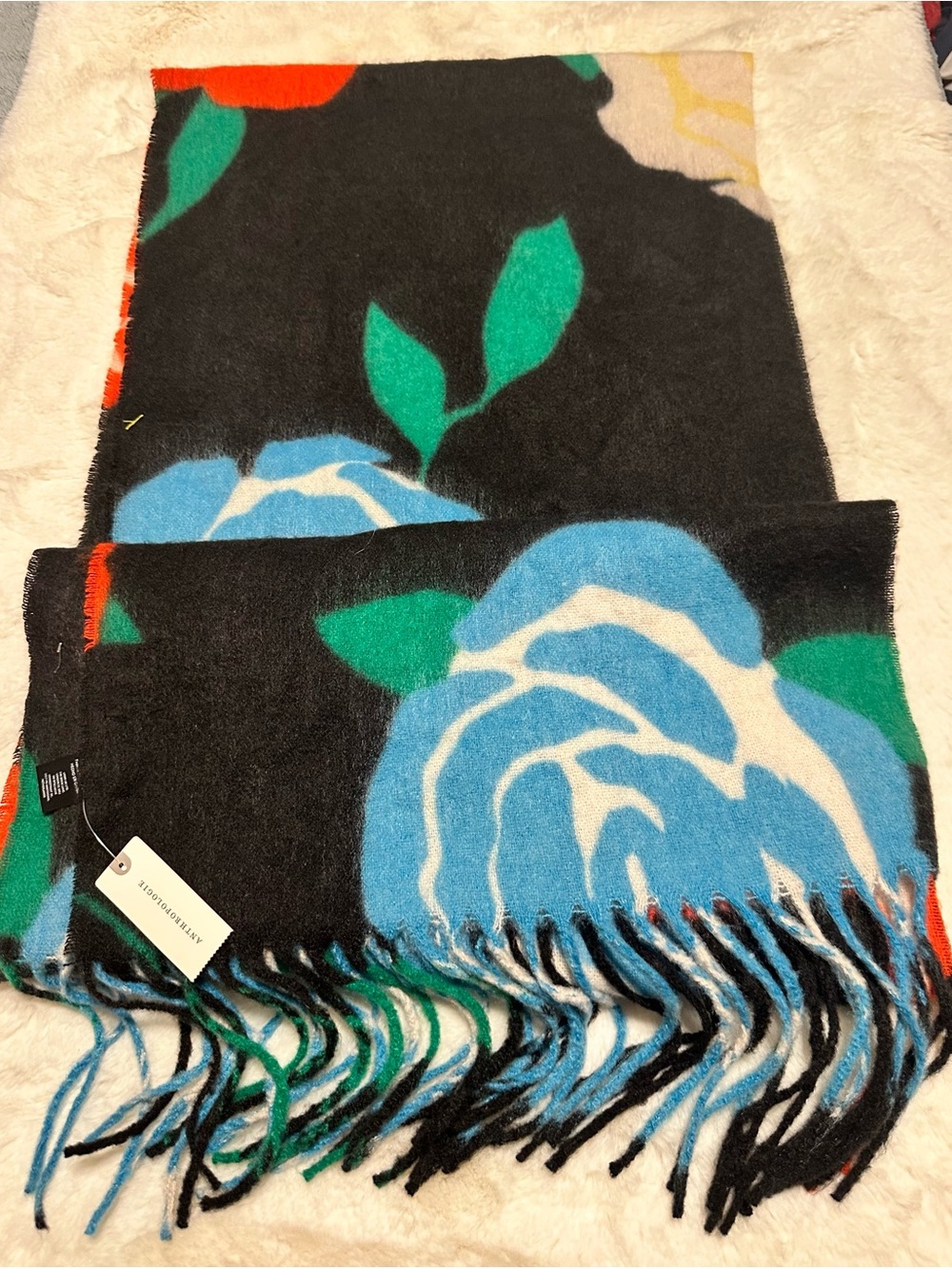 Floral Fringe Scarf — Black with Blue & Green